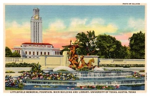 Littlefield Memorial Fountain, Main Bldg & Bibliothek, Austin, Texas Postkarte #644 - Bild 1 von 2
