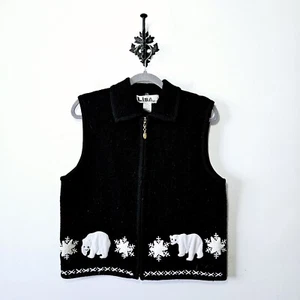 Vintage Lisa International Vest Sweater Womens L Black Boiled Wool Polar Bear - Picture 1 of 3