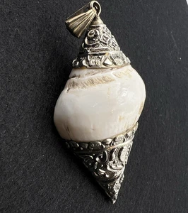 Vintage Tibetan Tribal Silver Encrusted Naga Shell 3.25” Pendant - Picture 1 of 10