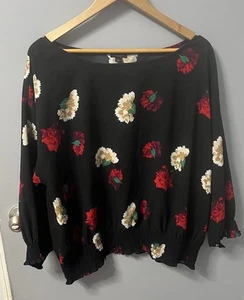 Ann Taylor Factory Black and Red Floral Print Long Smocked Bell Sleeve Top Sz XL - Picture 1 of 4