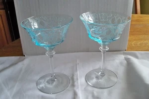 2 Central Glass Works Balda Blue Morgan Fairy Etched Champagne / Tall Sherbets - Picture 1 of 6