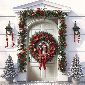 Christmas Door Cover Nativity Scene Christmas Wreath Door Hanging Banner Holy... - Foto 1 di 4