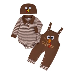 Baby Boy My First Thanksgiving Outfit Infant Polo Romper Turkey Embroidery Ov... - Picture 1 of 8