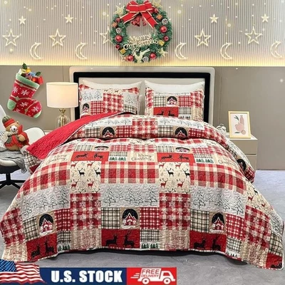 Oversized King Size Patchwork Christmas Quilt Set Cozy Bedding Home Decor Gift - Image 1 of 4