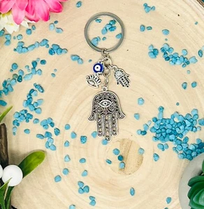 Evil Eye Keyring Hand of Hamsa Triple Charm Free UK Delivery - Foto 1 di 4