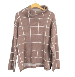 Kirundo Plaid Sweater Women XL Brown Window Pane Check Cowl Neck Knit - Picture 1 of 10