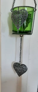 Hearts Grey Metal & Green Glass Long Votive Tea Light Candle Holder Unused - Picture 1 of 11