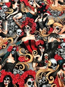 Alexander Henry Gothic Las Elegantes Tattoo Pin Up Girls Day of Dead Fabric BTHY