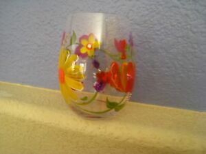 Floral Stemless 16 oz Wine Glass HAND PAINTED Flowers IRIDESCENT