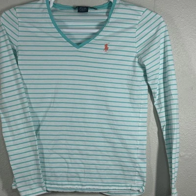 Top deportivo Ralph Lauren para mujer M rayas cuello en V manga larga algodón pima pony Foto 1 de 4