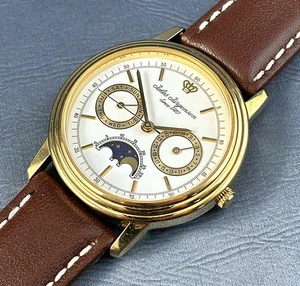Vintage Jules Jurgensen Gold Tone Moonhase Quartz Calendar Mens Watch 1980s - Picture 1 of 10