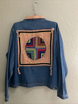 Dont Mess With Texas Sz L Jean Jacket Blue Denim Beaded Western Cowgirl Aztec - Image 1 of 4