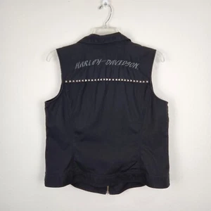 Harley Davidson Womens Black Studded Full Zip Vest Size 1W Embroidered Spell Out - Picture 1 of 10