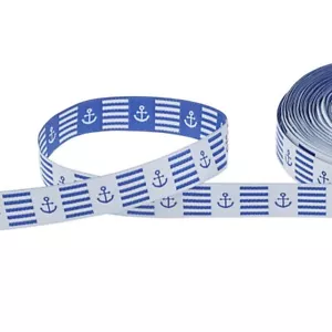 1 m cinta de tejido azul marino blanco 15 mm con motivo de anclaje utilizable en ambos lados - Imagen 1 de 1