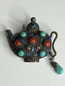 Vintage Tibetan Tea Pot Turquoise Coral Silver Inlay Pin With Dangling Bead - Picture 1 of 7