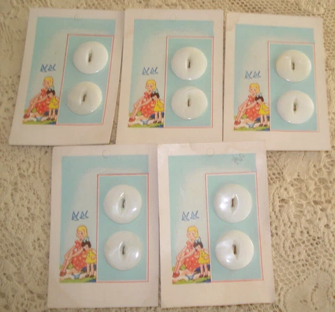 Lot of 5 Cards Antique Vtg 7/8" MOP Buttons - Little Girls & Bluebird Graphics Cover