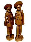 Hand Carved Sculpture Set Man Playing Banjo Guitar and woman Holding Bread Vntg