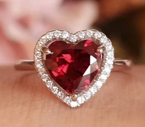 3 Ct+Heart Pigeons Blood Genuine Lab Grown Ruby & Moissanite Diamond Silver Ring - Picture 1 of 8