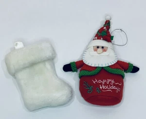 Christmas Holiday Decor Plush Santa Claus Ornament 8" + Small White Stocking 6" - Picture 1 of 5