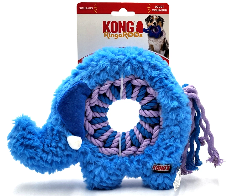 KONG Ringarooz Elefante Med Azul Fácil Agarre Chirriante Tirar y Masticar Perro Cuerda Juguete 10x8" Foto 1 de 4