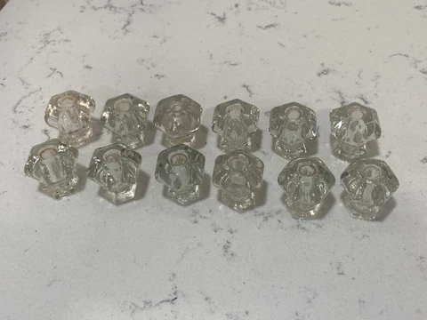 Lot 12 Hexagon 1” Antique Glass Drawer Knob Pulls Depression Victorian Cover
