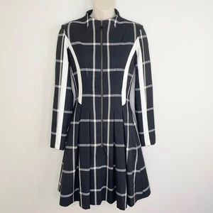 Cue zip front fit & flare dress size 16 black white plaid check long sleeve net - Picture 1 of 13