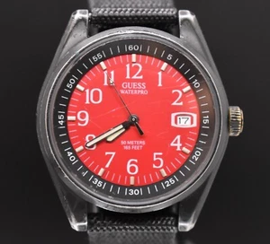 Vtg GUESS WATERPRO 1997 Watch Men Red Dial Date Black Nylon NEW BATTERY & BAND - Picture 1 of 10