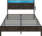 Queen Size Bed Frame Bed Frame W/ Charging Station Headboard Heavy Duty Bed