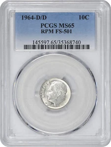 1964-D/D Roosevelt Silver Dime RPM FS-501 MS65 PCGS - Picture 1 of 2