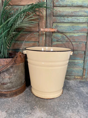 Vintage French Yellow Rustic Hanging Enamel Milking Bucket Garden Planter Cover