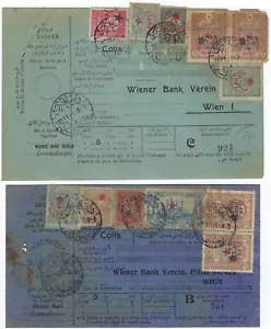 TURKEY AUSTRIA 1916 1918 THREE MULTIFRANKED PARCEL POST RECEIPTS W/ 18 DIFFERENT - Picture 1 of 2