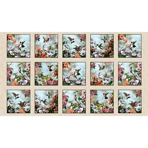 Elizabeths Studio – Dating Games – 24.5″ Hummingbirds Block Panel – Cream - Picture 1 of 4