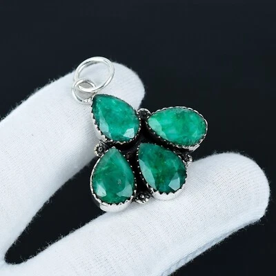 Smeraldo Creato IN Laboratorio Gemma 925 Pendente Argento Sterling Per - Immagine 1 di 4