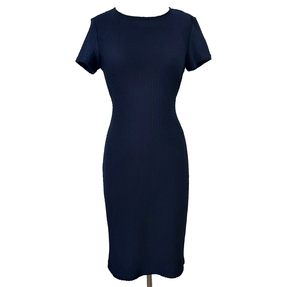 Vestido R&K Midi Funda Texturizada Elastizada Mujer Talla Pequeña Corbata Cinturón Azul Marino Foto 1 de 4