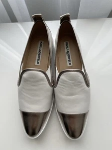 Karl Lagerfeld Cler White/Gold Leather Slip-on Cap-Toe Sneakers Sz 7 M/37.5 B - Picture 1 of 8