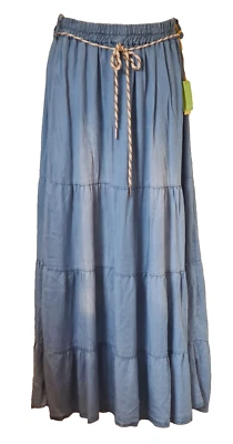 New Italian denim Skirt blue Tencel stretch Waist flare belt One Size 10-16 - Image 1 of 4