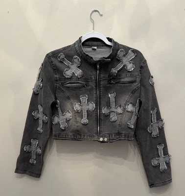 Chaqueta Vaquera con Cruces Desgastadas - Estilo Grunge Gótico Punk Rocker - Talla S Foto 1 de 4
