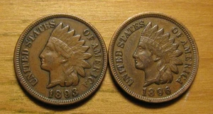 LOT OF (2) NICE INDIAN HEAD CENTS FROM COIN COLLECTION PENNY SET 1893 1896 - Foto 1 di 2