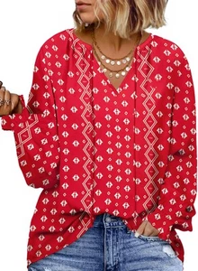 Plus Size Womens Tops Floral Print V Neck Long Sleeve Drawstring Loose Causal... - Picture 1 of 6