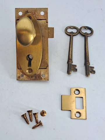 Vintage NOS Cabinet Door Latch Handle Knob, Keys  Brass Hardware Cover