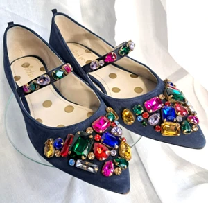 Boden Blue Suede Rainbow Jeweled Point Toe Ballet Flats Size 37 US 6.5 - Picture 1 of 15