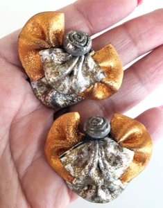 Vintage Bow Orange Gold Silver Fimo Polymer Clay Pierced Earrings 1-3/4" Cluster - Picture 1 of 7