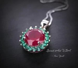 Large Round Ruby Necklace - Halo Circle 4 ct Red Ruby Pendant - White Gold - Picture 1 of 9