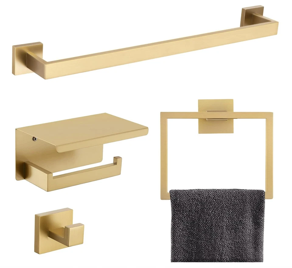Juego de herrajes de baño dorado cepillado, toallero de acero inoxidable de 4 piezas y soporte TP Foto 1 de 4
