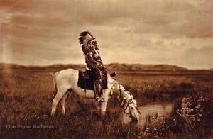 Vintage EDWARD CURTIS American Indian Chief Horse GOLDTONE Photo Engraving 16x20 - Picture 1 of 1