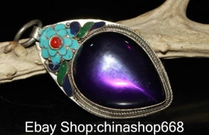 2.8" Old China Silver Cloisonne Mosaic Purple Gemstone Orchid Necklace Pendant - Picture 1 of 9