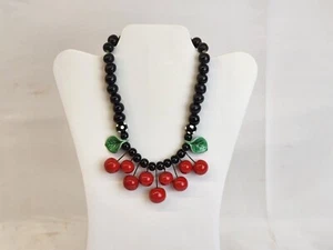 Vtg Flying Colors Red Cherries Black Ceramic Bead Necklace - Picture 1 of 10