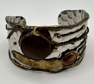 Bracciale artigianale tono argento martellato brutalista pietra naturale boho - Foto 1 di 7