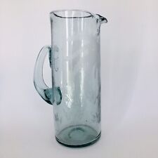 Hand Blown Mexican Glass Pitcher Etched Coconut Palm Trees Artisan Made