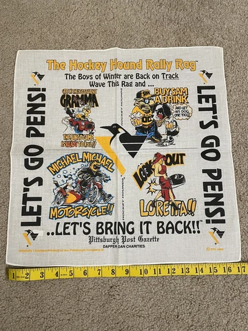 1994 VTG Pittsburgh Penguins Hockey Hound Rally Rag Cotton Mike Lange Dapper Dan Cover
